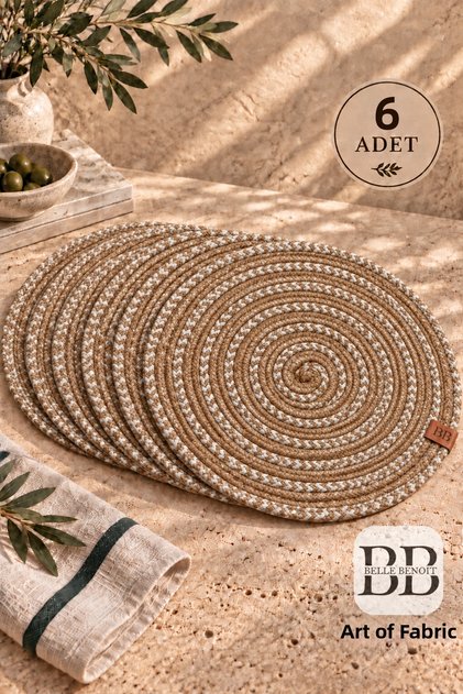 Set of 6 Handmade Jute Placemats Round Wicker Braided Bohemian American Style Kitchen and Dining Room Decoration Everyday Table Settings Breakfast Presentations Decorative Rustic Table Setting Accessory for Special Invitations