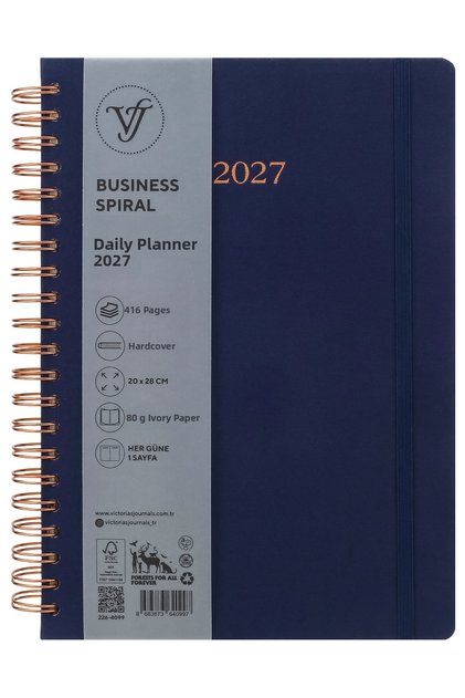 Business-2027 Year Daily Spiral Agenda 20X28 Cm. One Page Per Day - Navy Blue