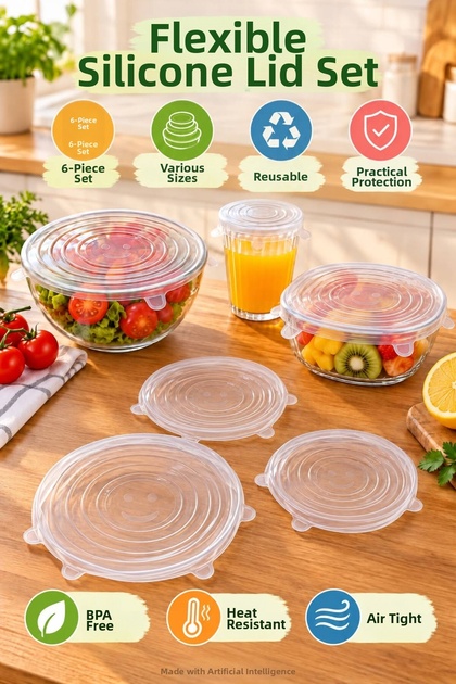 Set of 6 Flexible Silicone Stretch Lids, Transparent, Reusable Food Storage Covers