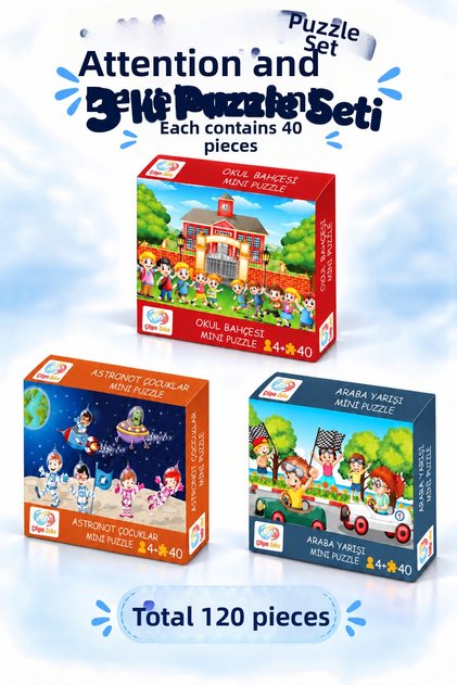 Attention and Intelligence Developing 3-Piece Puzzle Set for Ages 3-7, Each Puzzle Set Contains 40 Pieces, Children's Puzzles and Jigsaw Puzzles