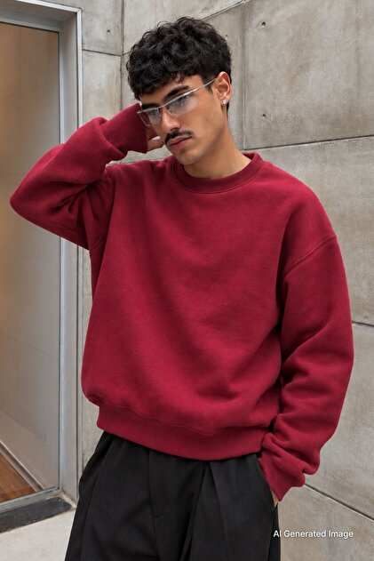 Bordo Bisiklet Yaka Oversize Şardonlu Basic Erkek Sweatshirt 6048