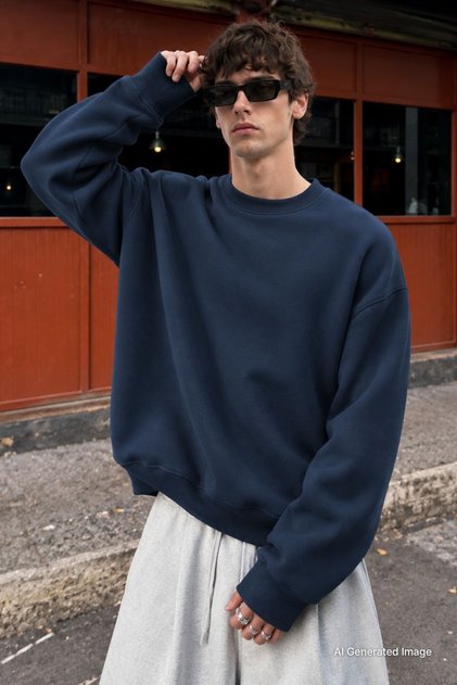 Navy Blue Crew Neck Oversize Basic Men's Sweatshirt 6048