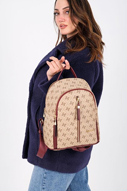 Dark Beige - Claret Red Monogram Women's Backpack Sp901