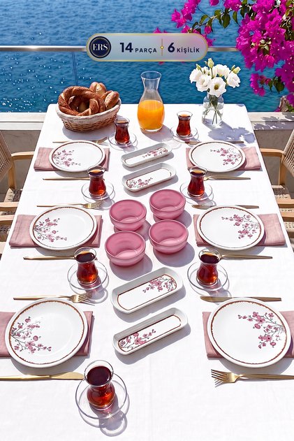 Luxury Ceramic Sakura Blossom 14 Piece Breakfast Set for 6 People, Set