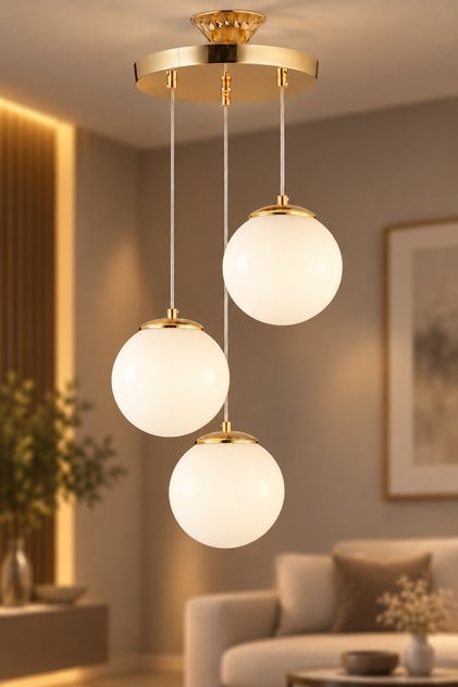 Sarkıt 3'lü Gold Beyaz Glop Camlı Avize