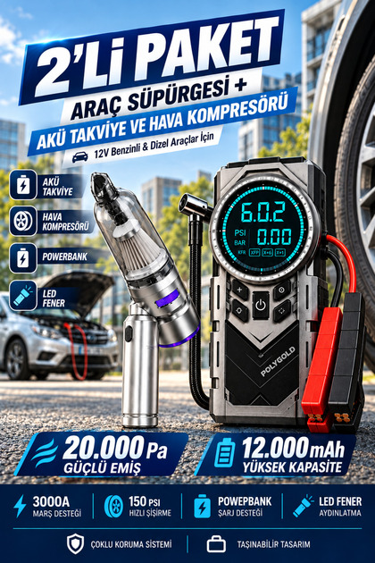2Lİ PAKET 20.000Pa Araç Süpürgeli Dijital Göstergeli Araç Lastik Sişirme Ve Araç Takviye Cihazı Şarjlı Powerbankli