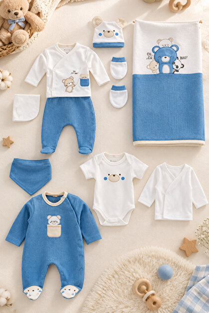Waffle Fabric Teddy Bear Printed 100% Cotton Newborn Baby Boy 10 Piece Hospital Discharge Bodysuit Set