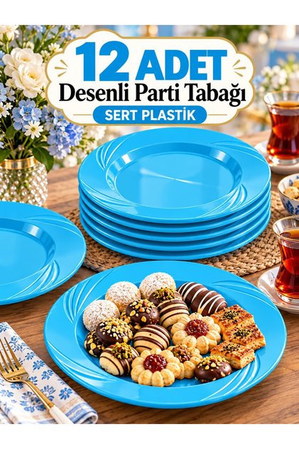 12 Adet MAVİ Renk LÜX SERT PLASTİK Parti Doğum Günü Sunum Tabağı Davet Nişan Söz Akrilik Mika Kristal Tabak Lüks Servis Tabağı 22,5 cm Parti ve Etkinlik Tabağı