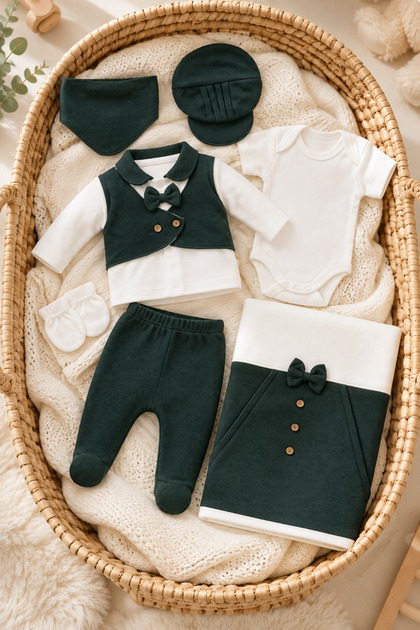 Waffle with Vest Baby Boy Newborn 7 Piece Hospital Discharge Bodysuit Set with Blanket
