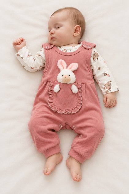 Baby Girl Set with Rabbit Figure and Overalls, 2-Piece Seasonal Baby Set