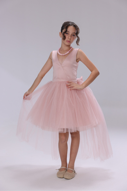 Girls' Tulle Evening Dress with Train – Birthday and Special Occasion Dress