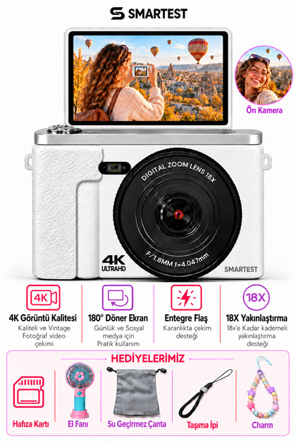4K Dijital Fotoğraf Makinesi 48MP Flip Ekran Gerçek 18X Zoom Flaşlı GB Hediyeli Türkçe Menü