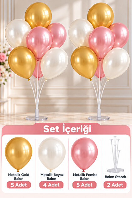 2 Pieces of 7 Balloon Stands and 14 Pieces of Gold-Pink-White Metallic Balloon Set Baby Child Balloon Set