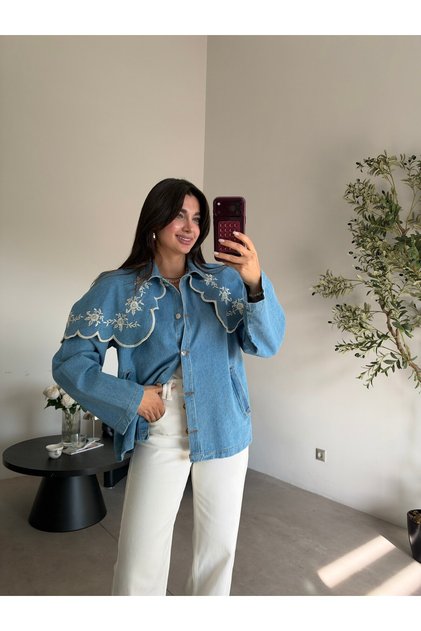 Blue Embroidery Detailed Cape Denim Jacket