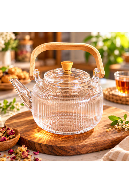 Bambu Saplı Cam Demlik Cam Süzgeçli Isıya Dayanıklı Borosilikat Çizgi Desen 1000 ML