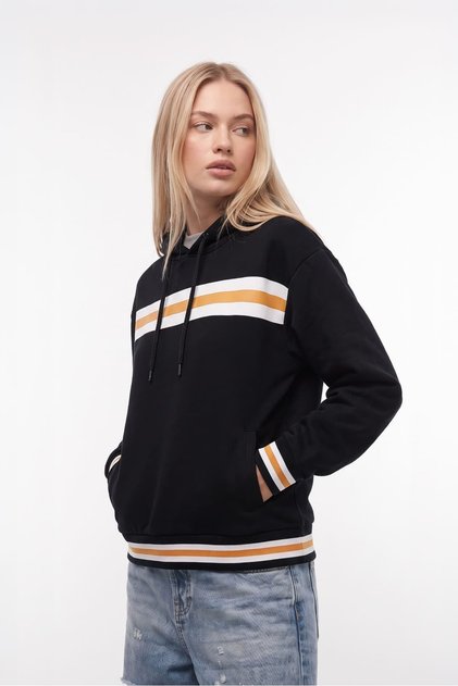 Women's Hooded Black Sweatshirt with Stripe Detail