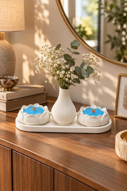 Dekoratif 4'lü Tepsili Mumluk Seti + 2 Adet Mum / Taş Tozu Dekorasyonu