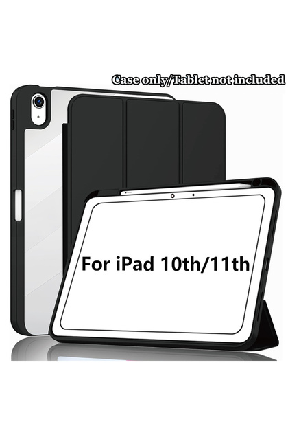For iPad A16 Black For Apple iPad 2025 Case with Pencil Holder Tri-Folding Acrylic Clear Back Smart