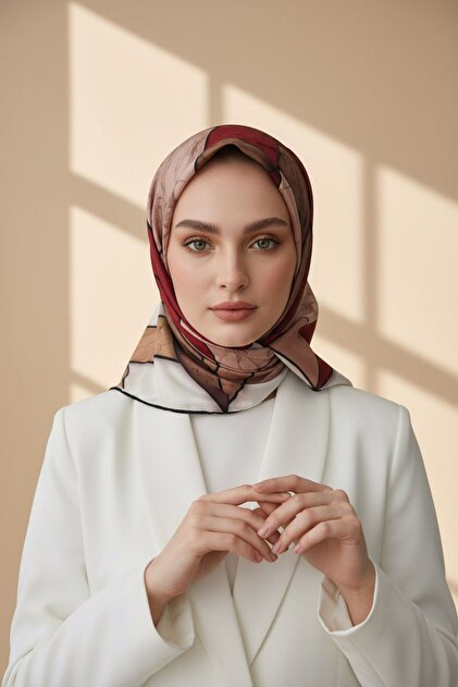 Kristal Mermer Desenli Taba - Bej Renkli 90x90 Eşarp (İpek İçermez) Kenar Dikiş Şekli El Dikişli
