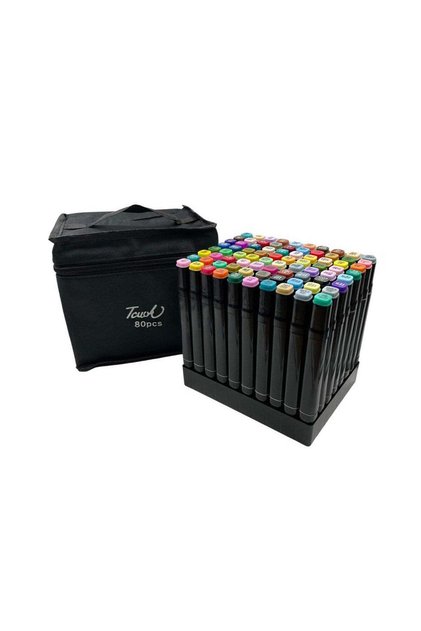 Set 80 markere colorate duble cu suport și geantă depozitare, vârf subțire și gros 1/6 mm