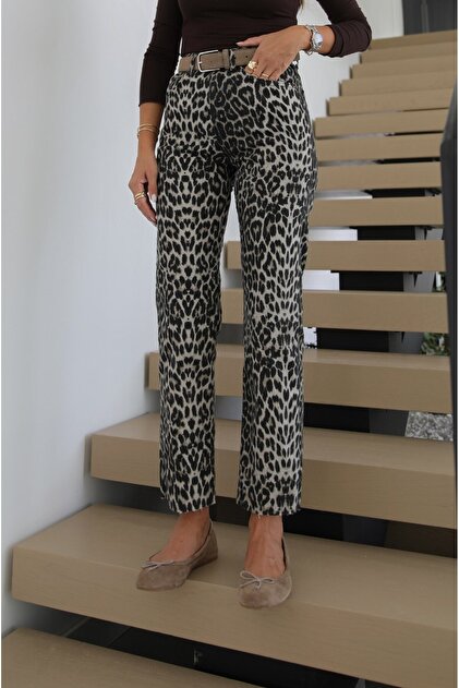 Kahve Leopar Boy Fit Jean