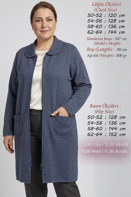 Knitwear Large Size Wool Thick Winter Mom Cardigan Handmade Crochet Zippered Soft Cap Battal Women's Polo Collar