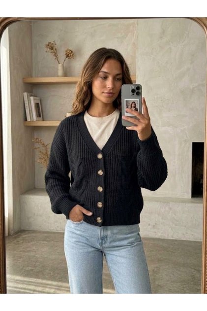 Women's Braided V-Neck Buttoned Cardigan