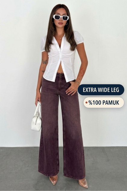 Açık Bordo Kadın Extra Wide Leg Jean %100 Pamuklu Yüksek Bel Kot Pantolon ANGEL-2056