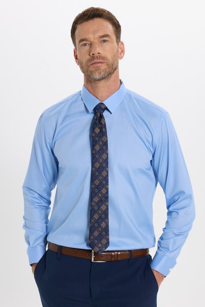 Men's Slim Fit Non-Iron Iron-Free Cotton Tie Collar Long Sleeve Blue Shirt