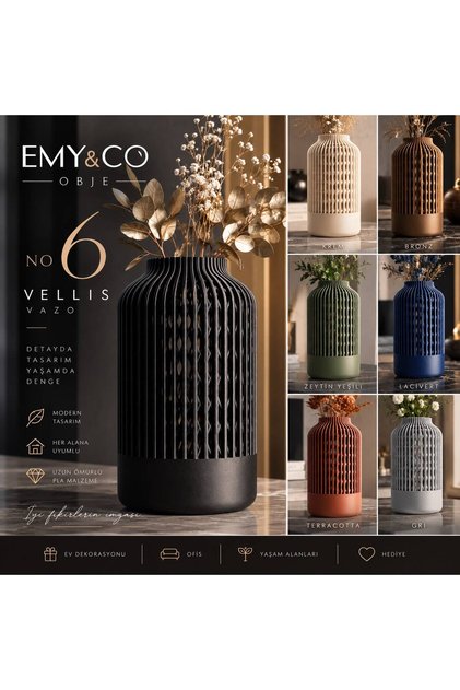 EMY&CO Modern Dekoratif Vazo – Örgü Dokulu Tasarım Siyah Salon Ofis Dekoru