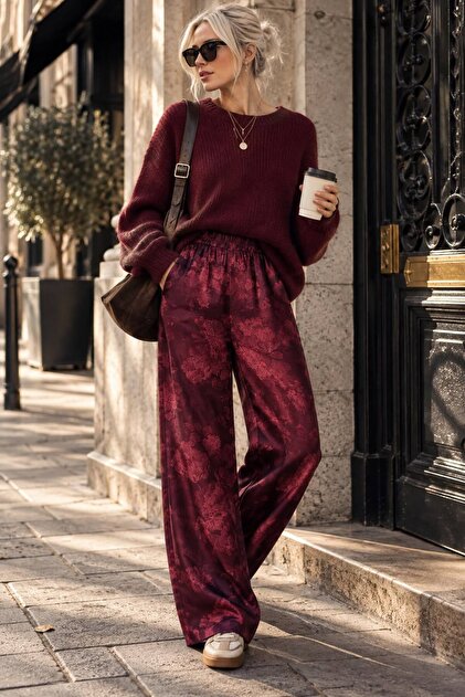 Satin Fabric Shalwar Trousers with Elastic Cuffs Premium Quality - Bordo - m