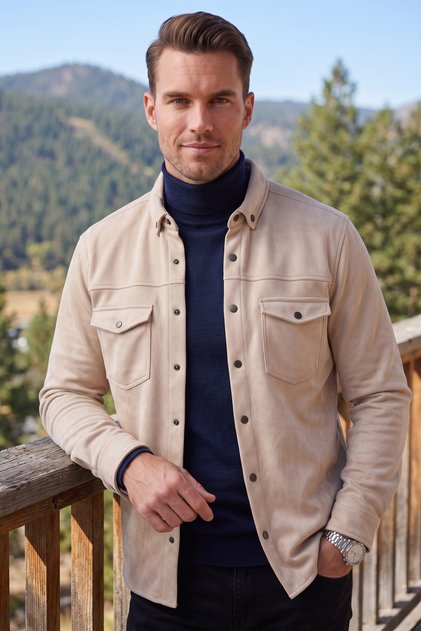 Men's Cream Wrinkle-Free Suede Fabric Slim Fit Seasonal Shirt with Snap Pocket 2302329