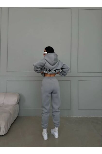 3 Thread Flasenty Sweatshirt Sweatpants Jogger - Gray Printed Top and Bottom Tracksuit Set with Hood
