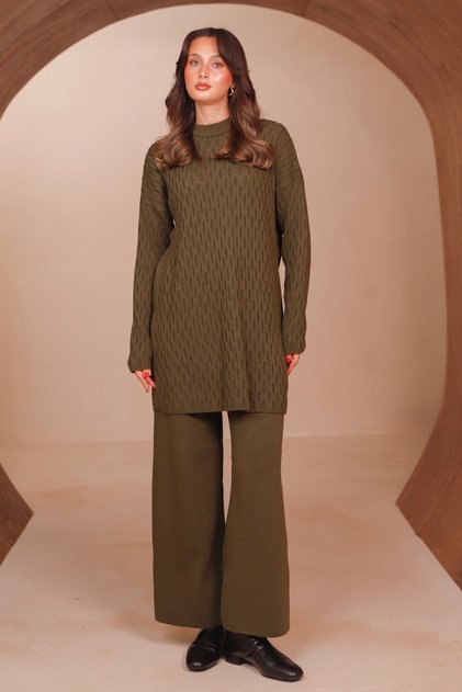 Women's Embossed Geometric Knitted Patterned Hijab 2-Piece Knitwear Set 8567 Khaki