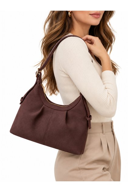 Women's Bitter Brown Suede Pleated Detail Shoulder Bag