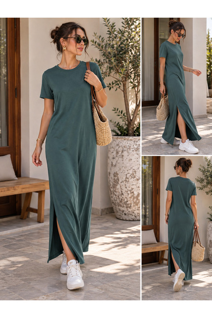 Khaki Green Slit Long Dress Crew Neck Short Sleeve Relaxed Fit Basic Maxi Dress