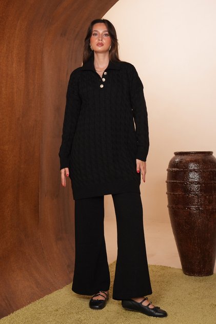Women's Polo Collar Hair Braided Textured 2-Piece Hijab Knitwear Set 8568 Black