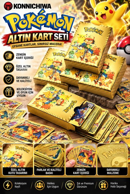 POKE KART 52 ADET ÜST KALİTE PLASTİK POKEMON KARTI Altın Varaklı Oyuncu & Koleksiyon Pokemon Kartı