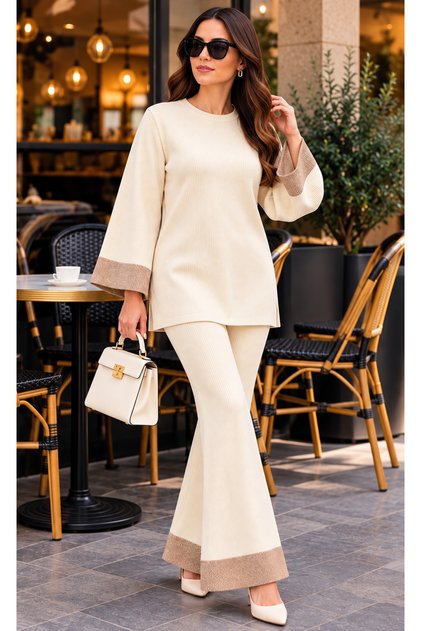 Women's Ribbed Spanish-Style Flare Pants with Sequin Detail, Cropped Sleeve Top Set
