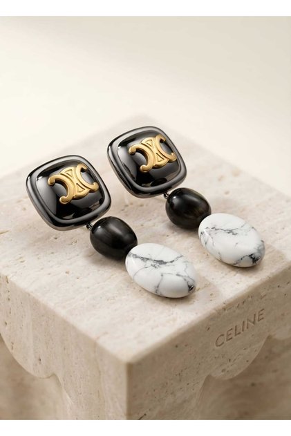 Black Handmade Stylish Earrings with Natural Stone Dangle