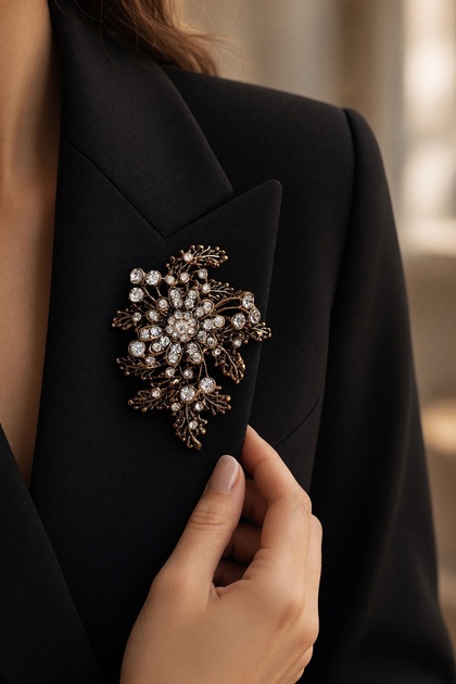 Kristal Taş İşlemeli Yaprak Figürlü Broş