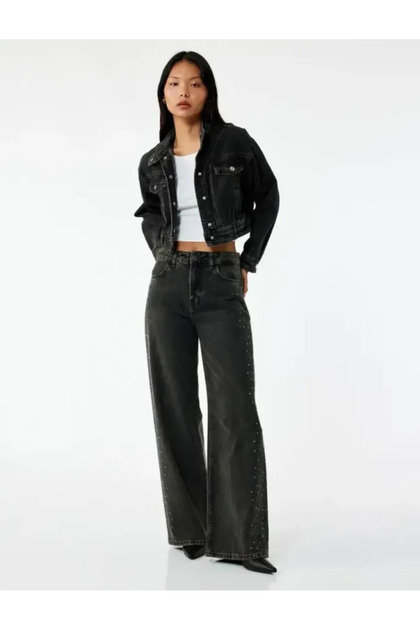 Normal Waist Stoned Wide Leg Cotton Denim Trousers - Wide Leg Jeans