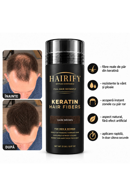 Fibre Premium Reale Șaten Inchis Pentru Păr Rar și Chelie din Keratină Naturală, Rezistente la Vânt și Ploaie, Toppik 27.5G