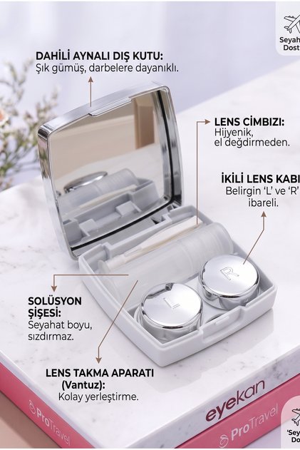 Gümüş Aynalı Seyahat Lens Kutusu - Solüsyon Kabı, Cımbız, Vantuz Aparatı, L-r Lens Hazneleri