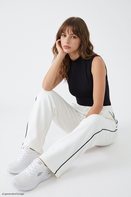 White Sweatpants with Wide Legs and Piping Detail