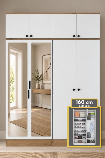Rani EA177 Modern Portmanto 8 Kapaklı Aynalı Raflı Askılı Ayakkabılık Vestiyer Sepet Ceviz - Beyaz