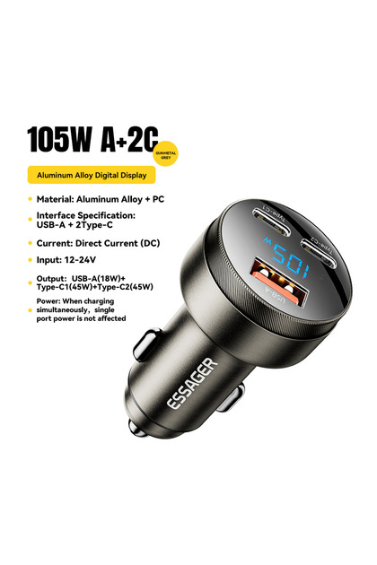 Gunmetal Grey 105W Digital Display Fast Car Charger For iPhone 15 14 pro MacBook USB