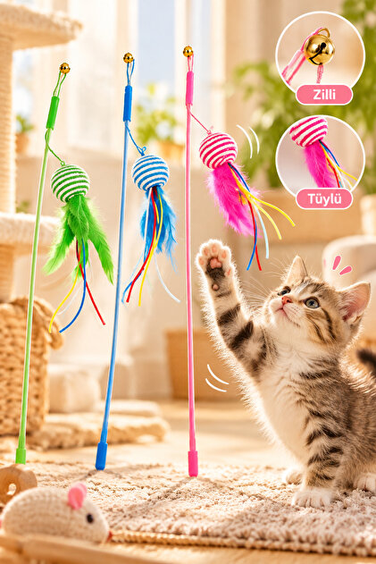 Plastik Tüylü Tek Toplu Kedi Oyun Oltası Zilli Plastik Kedi Oyuncağı Oyun Oltası