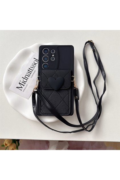 Galaxy A56 5G Black 3D Cute Love Heart Crossbody Card Holder Phone Case for Samsung S25 Ultra S24 S2