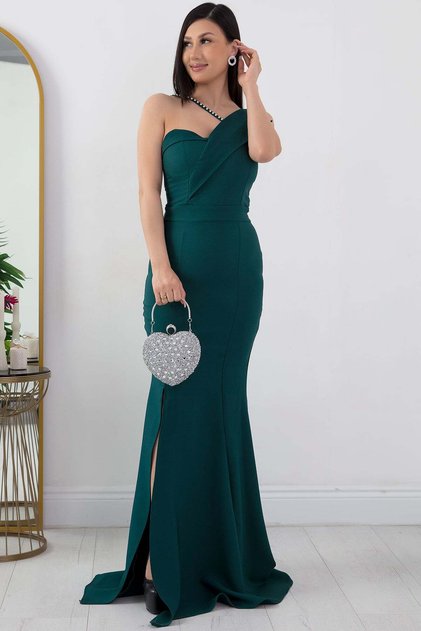 Pearl Detailed Long Fishnet Evening Dress with Slit 13218